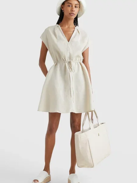 Лляна сукня міні Tommy Hilfiger без рукавів бежева