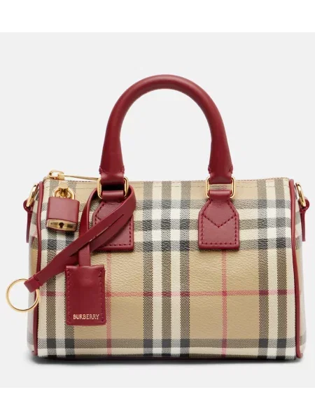 Usnjena usnjena torbica Burberry s karirastim vzorcem bež