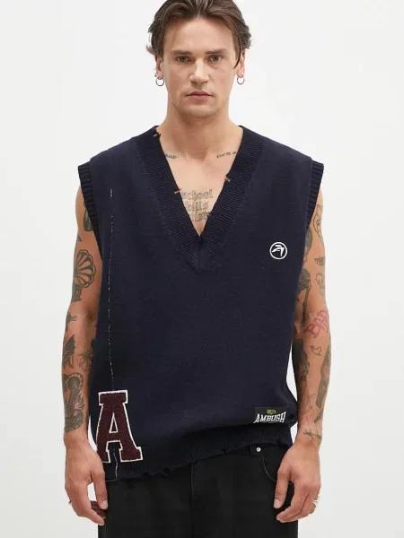 Vlněná vesta AMBUSH Repair Stitch V Neck Vest tmavomodrá