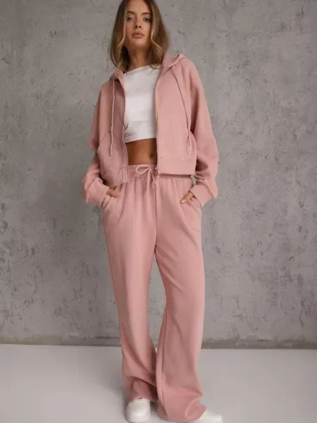 Set trening cu nervuri pantaloni cu croială largă și bluză cu glugă Rerih roz