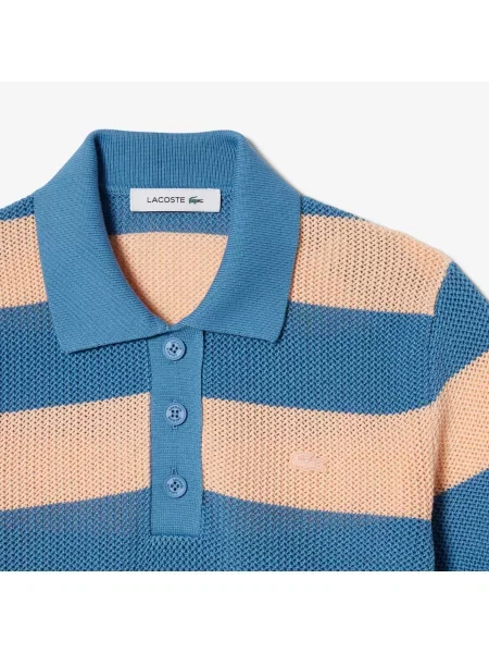 Lacoste Bluzka Z Kołnierzykiem Polo Z Krótkim Rękawem W Paski Regular Fit niebieska