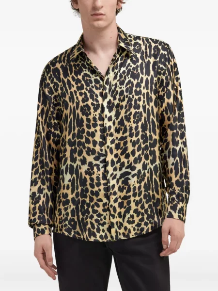 Cămașă Roberto Cavalli de mătase cu imagine cu model leopard maro