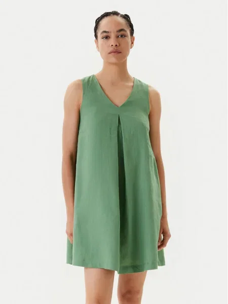Ленена рокля United Colors of Benetton къса разкроена зелено