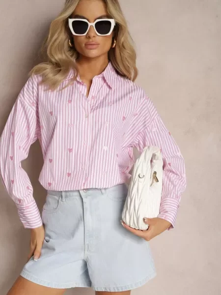 Cămașă din cu Model în Dungi Subțiri și Inimi Vatille roz