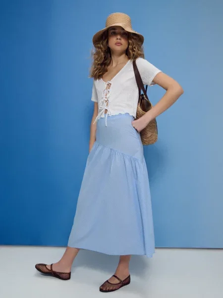 Спідниця міді з асиметричним воланом у смужку light blue синя