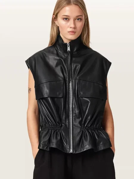 AllSaints vestă pentru femei din piele FLOR negru