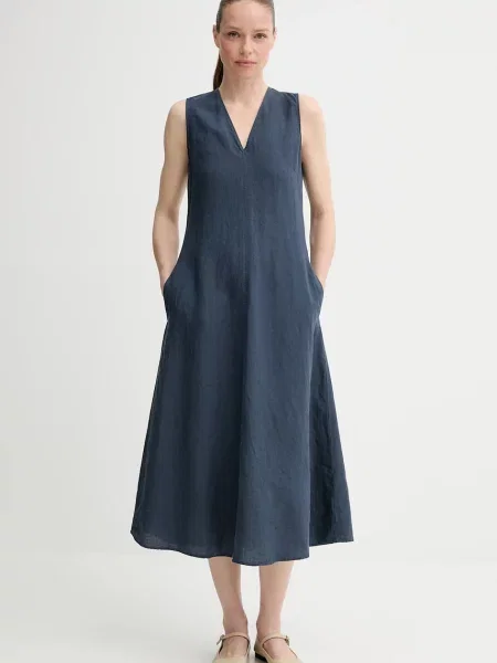 Sukienka lniana rozkloszowana z wpuszczanymi Marc O'polo granatowa