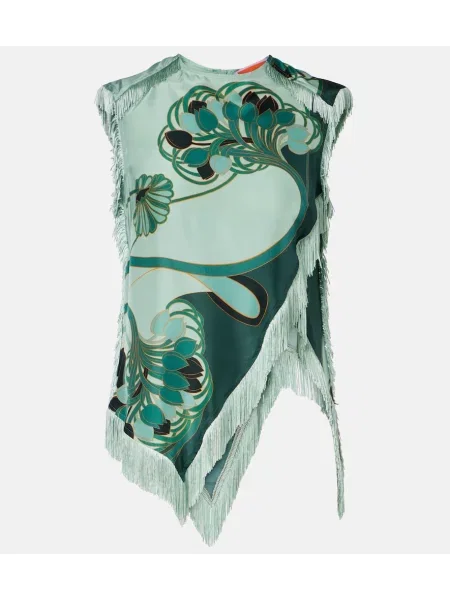 Jedwabny jedwabny top La Doublej z frędzli zielony