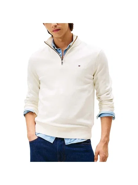 Tommy Hilfiger Pulover ZIP MOCK cu adaos de cașmir bej