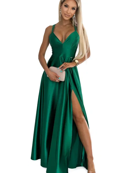 Satenska elegantna naramnica obleka Numoco zelena