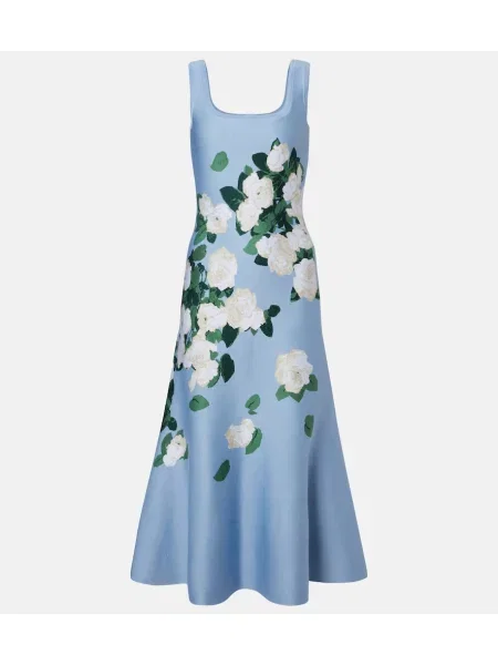 Rochie midi Carolina Herrera de mătase cu model floral albastru