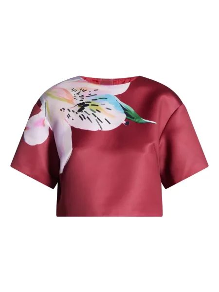 Krótka bluzka Leo Lin w kwiatki z nadrukiem czerwona