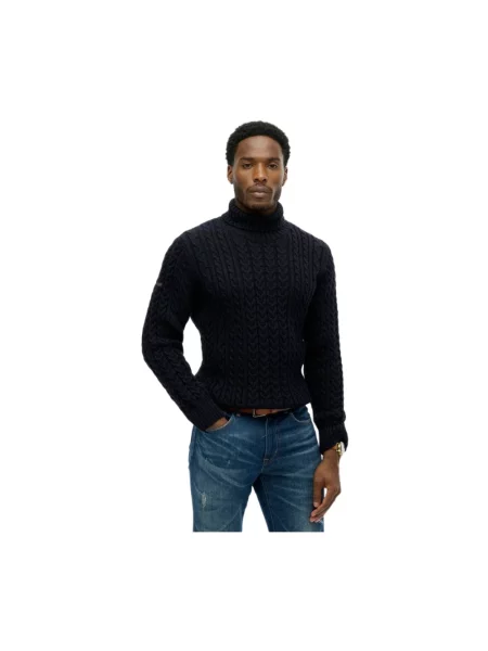 Superdry Sweter Jacob z golfem i warkoczowym splotem – Relaxed Fit – ECLIPSE niebieski