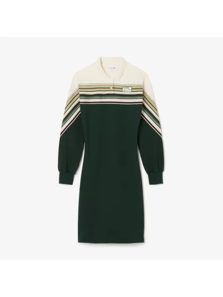 Lacoste Sukienka Z Kołnierzykiem Polo Z Długim Rękawem Z Blokadą Koloru Slim Fit Ciemnozielona zielony