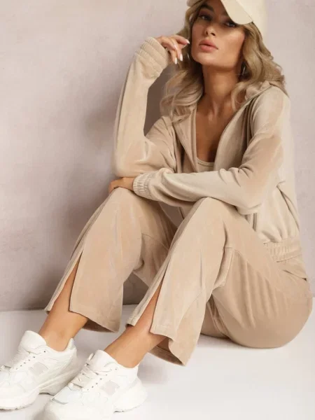 Welurowy Komplet Dresowy z Bluzą i Spodniami Lunamea beżowy