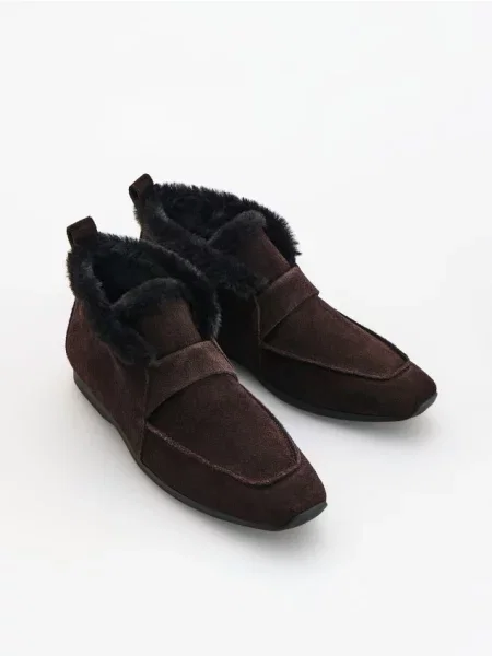 Reserved Botine din piele întoarsă cu blană maro-închis maro