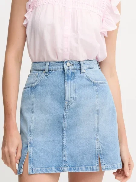 Дънкова пола Pepe Jeans MINI SKIRT HW SLIT къса разкроена синьо