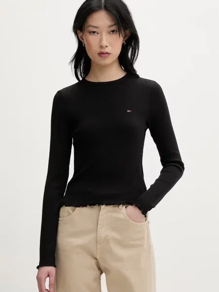 Tommy Jeans majica z dolgimi rokavi z elastanom črna