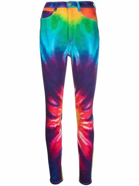 Tie dye skinny jeansy skinny Philipp Plein z nadrukiem niebieskie