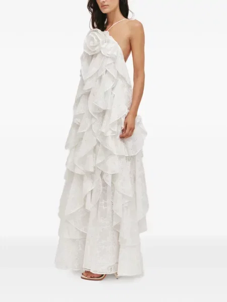 Rochie maxi Aje cu model floral cu volane de costum alb