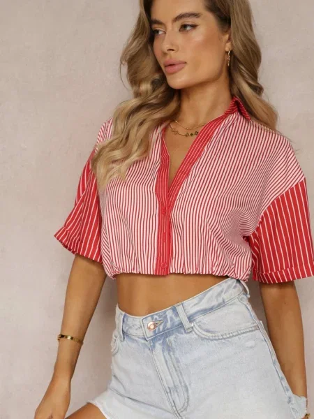 Bluzka Krótka w Stylu Retro na Ozdobiona Paskami Fito czerwona