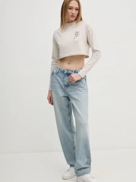Tricou cu mânecă lungă Calvin Klein Jeans bej