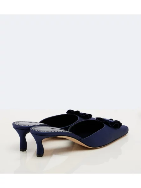 Saténové kvetinové mules Manolo Blahnik s aplikáciou modrá
