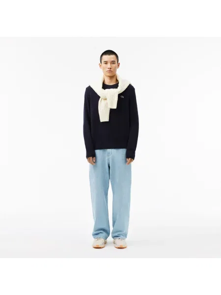 Lacoste Sweter Z Okrągłym Dekoltem Z Karbowanej Wełny granatowy