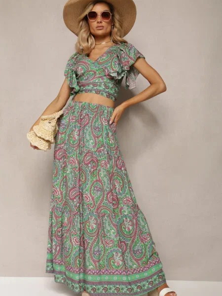 Komplet w Print Paisley Długa Spódnica i Kopertowy Top Aeodosia zielony