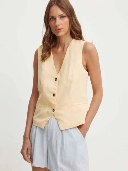 Елек с лен Pepe Jeans ADITI оранжево с едно копче жълто