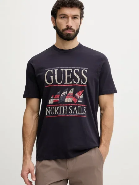 Guess T-shirt ανδρικό από με ελαστάν x North Sails μπλε