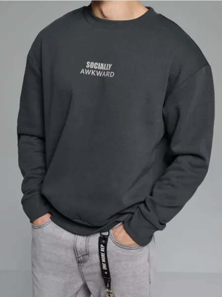 Sinsay Bluza crewneck z nadrukiem szary