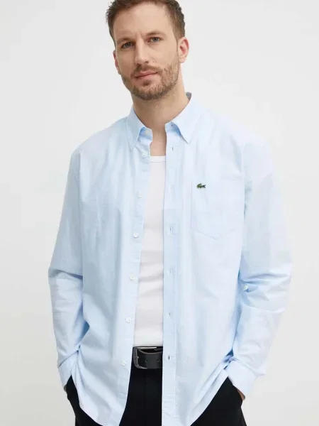 Риза Lacoste мъжка със стандартна кройка с яка с копче синьо