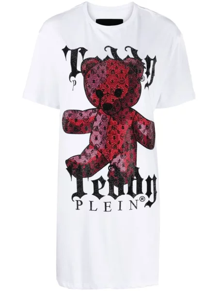 Sukienka koszulowa Philipp Plein z kryształkami teddy biała