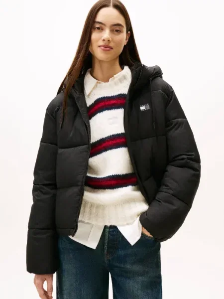 Geacă de blugi Tommy Jeans cu glugă negru