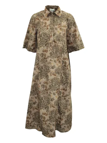 Rochie tip cămașă Ganni cu model floral cu imagine de costum maro