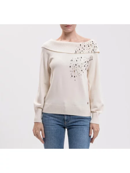 Dzianinowy sweter Twinset z dżetami biały
