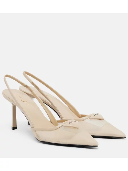 Pantofi cu toc Prada din piele slingback bej