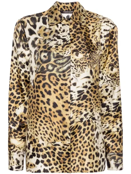 Cămașă Roberto Cavalli de mătase cu imagine cu model leopard