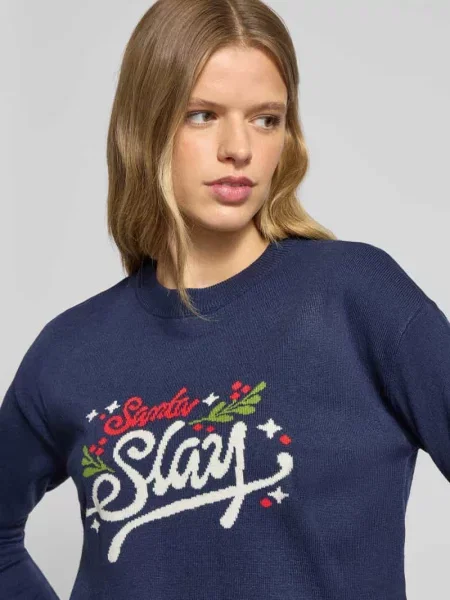 Sweter z dzianiny z prążkowanymi wykończeniami model ‘CLAUS’ Noisy May granatowy