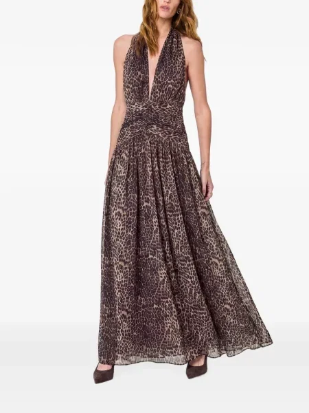Rochie maxi Nicholas cu imagine cu model leopard cu gât halter maro