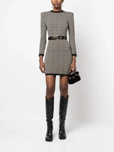 Vilnonis raštuotas kostiumas suknele Balmain juoda