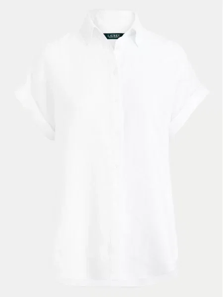 Lniana koszula z krótkim rękawem Lauren Ralph Lauren z logo z krótkim rękawem biała