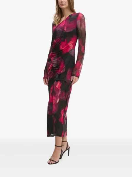 Rochie midi Dkny cu model floral cu imagine până la genunchi negru