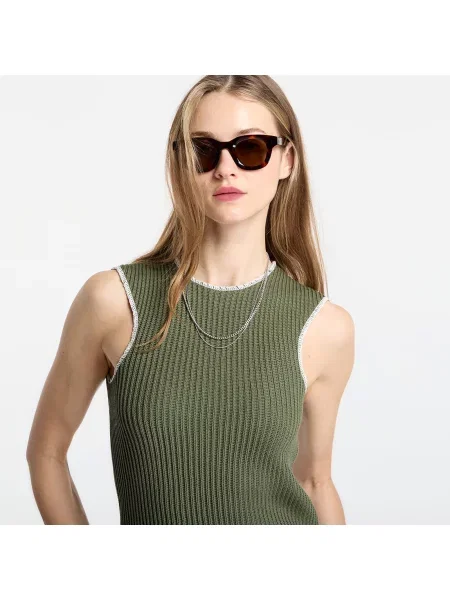 Ribbed Knit Sleeveless Top Khaki L
