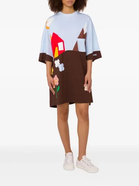 Mała sukienka mini Moschino z nadrukiem garniturowa brązowa