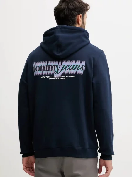 Dukserica Tommy Jeans tamno s kapuljačom s tiskom plava