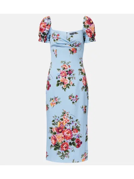 Svilena midi obleka Dolce&gabbana s cvetličnim vzorcem nad koleni modra