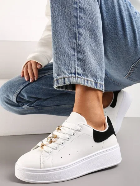 Sneakers Alb-Negru pe Platformă cu Inserție Metalică Grevaja alb