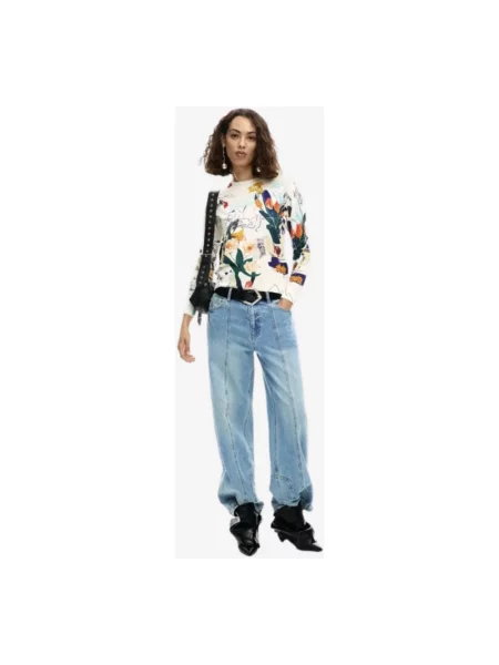 Lniany sweter Desigual z długim rękawem z okrągłym dekoltem biały
